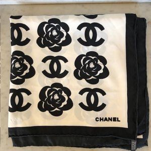 CHANEL CC Camellia Print Black White Silk Scarf Large Square